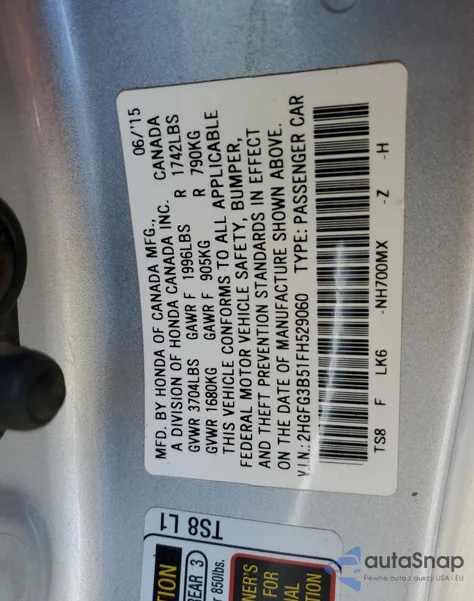 2015 Honda Civic Lx from USA, damaged, VIN 2HGFG3B51FH529060